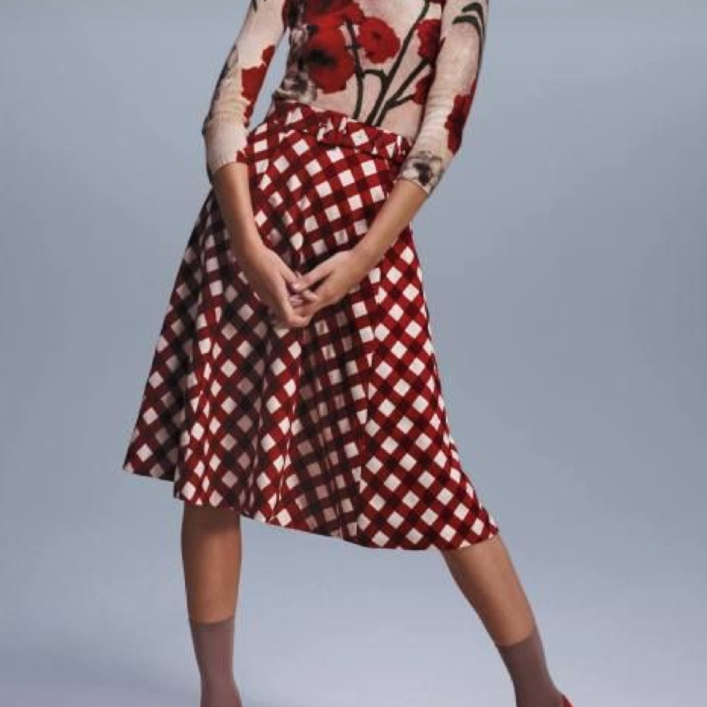 Peony by Samantha Sung Red Checkered Midi Skirt